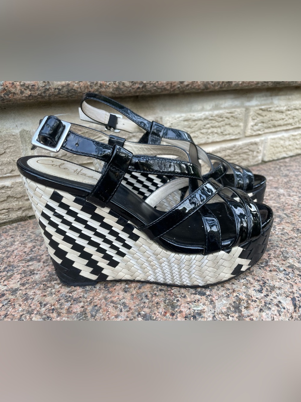 Cole Haan Black Patent Strappy Wedge Sandals  Platform